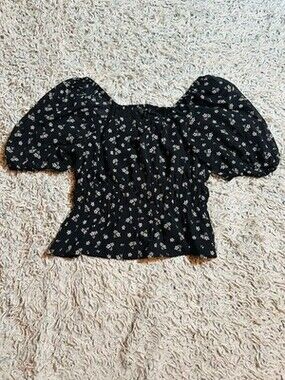 Madewell Black Floral Crop Top Size Small Short Sleeve